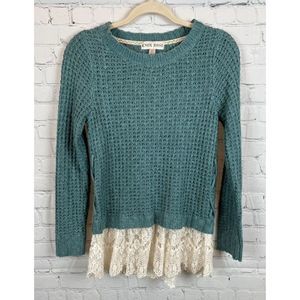 KNOX ROSE green blue teal lace up sides knit lace buttom pullover sweater XS